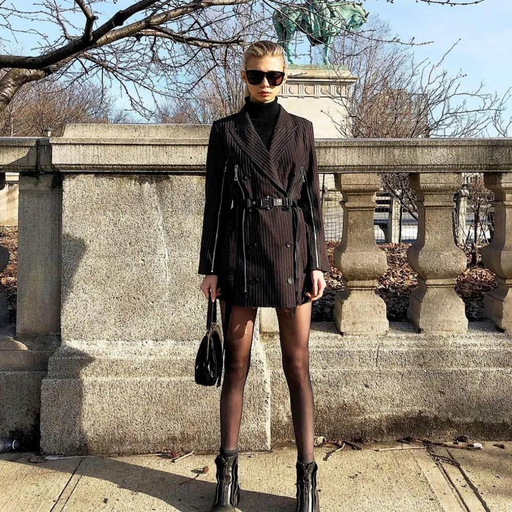 High Street женский костюм корейский ремень полосатый Длинный блейзер V образным вырезом двубортный черный пояс Slim Fit на молнии наряд