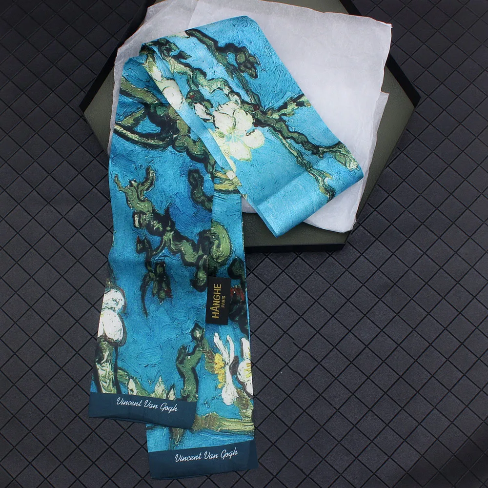 Женская Косынка Тощий Шарф классический Ван Гог Картина маслом шелковая сумка с шарфом ленты женский шейный платок шарфы обертывания SJ065