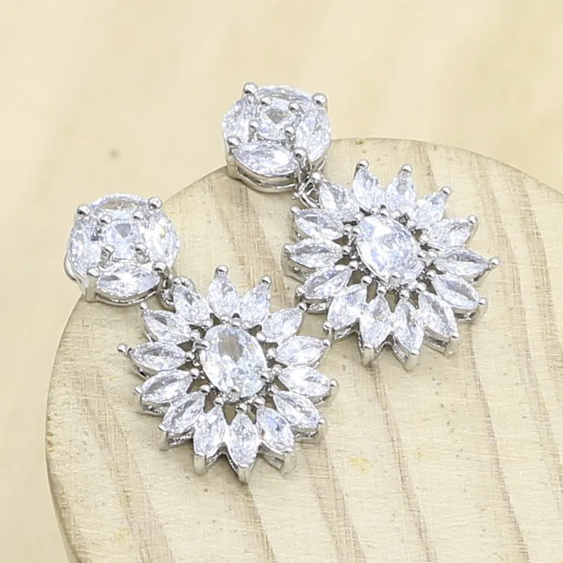Wedding Silver Jewelry Sets For Women White Cubic Zirconia Necklace Earrings Gift Box
