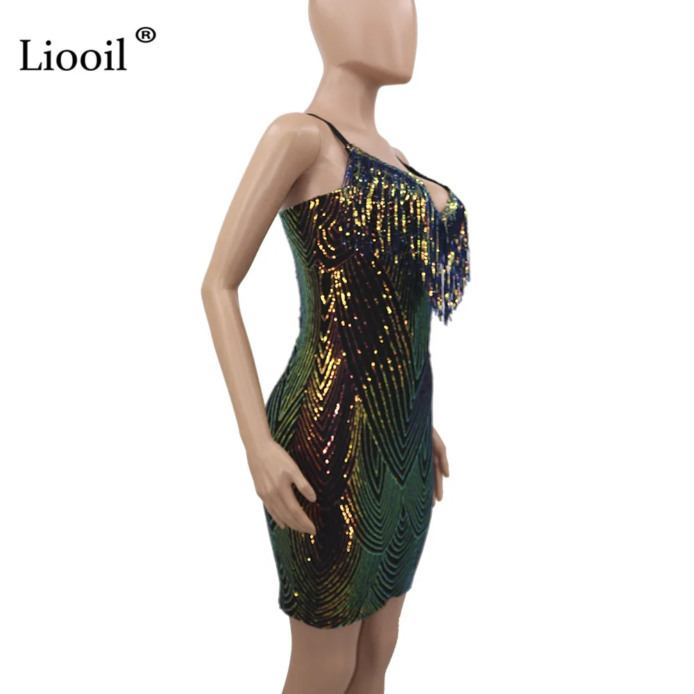 Liooil, сексуальное, с блестками, с кисточками, облегающее, мини платье, для женщин, Клубная одежда,, без рукавов, v-образный вырез, на тонких бретелях, обтягивающие, вечерние, для ночного клуба