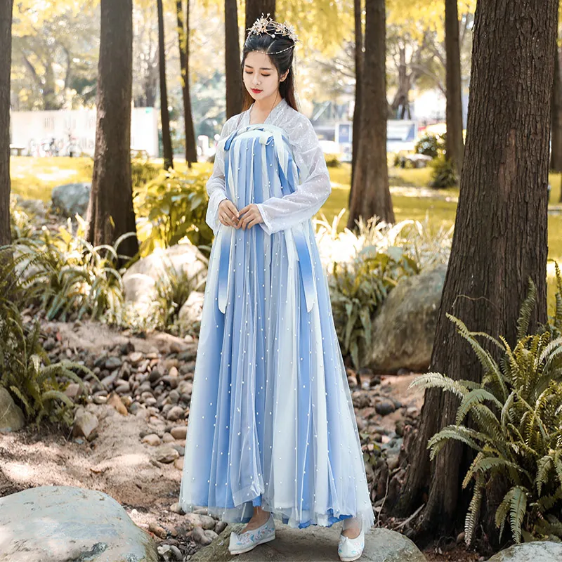 Женское сказочное платье Hanfu синего цвета с вышивкой костюм для классических