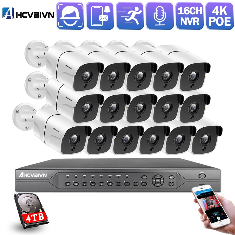 

AHCVBIVN AI Smart 4K 5MP System 16CH POE CCTV Security NVR Kit HD Sound Audio Outdoor IP Camera Surveillance System