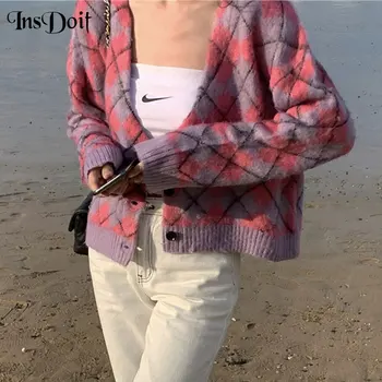 

InsDoit Women Vintage Elegant Pink Plaid Cardigan Sweater Streetwear Punk Loose Long Sleeve Cardigan Harajuku College Cardigan
