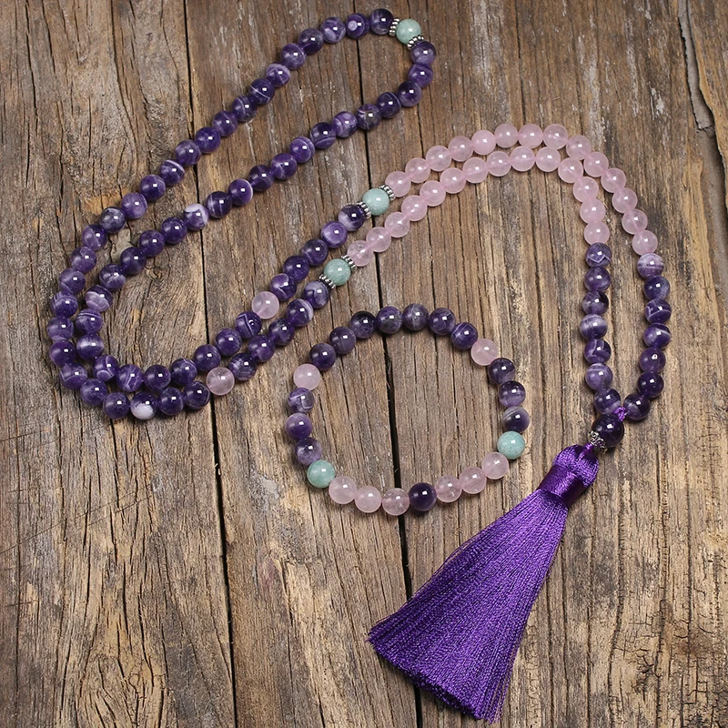 8mm Amethyst And Rose Quartz Beads Necklace, Peaceful Heart Calming JaPaMala, 108 Mala Jewelry, Natural Beads Bracelet Women