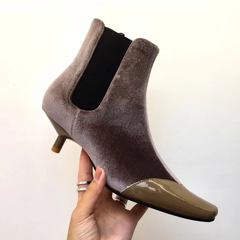 

Fashion Women Ankle Boots Sexy Flock Slip On Short Booties Square Toe Thin Mid Heels Boots Woman Winter Party Booties Size 34-38