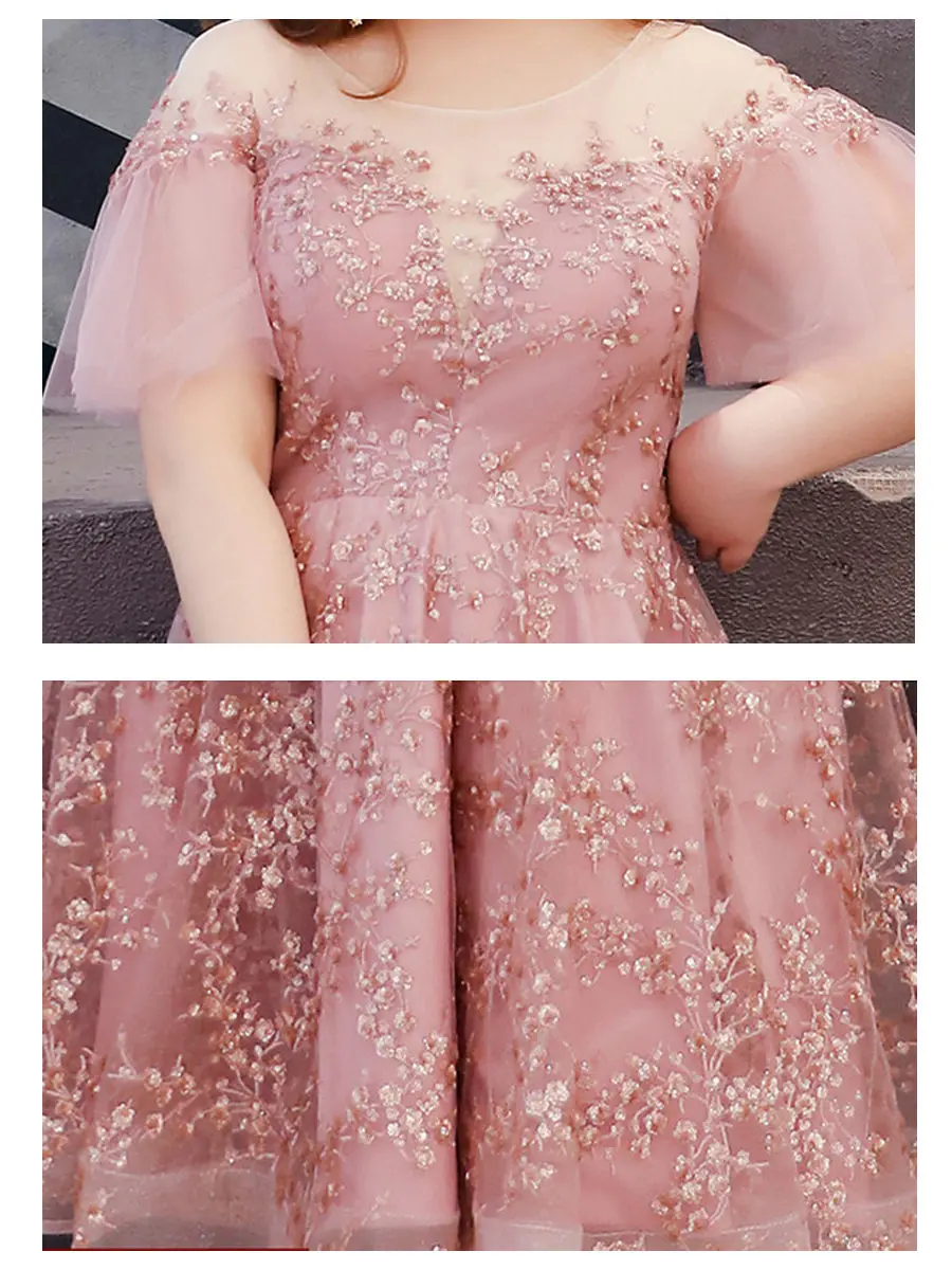 Платье для выпускного вечера размера плюс элегантное розовое платье для выпускного вечера T515 платья с круглым вырезом женские вечерние платья средней длины Vestidos De Gala