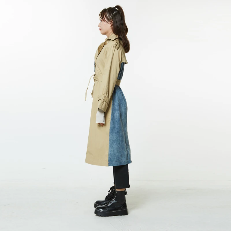 LANRMEM new autumn and winter fashion women turn-down collar full sleeves denim patchwork double breasted waist belts