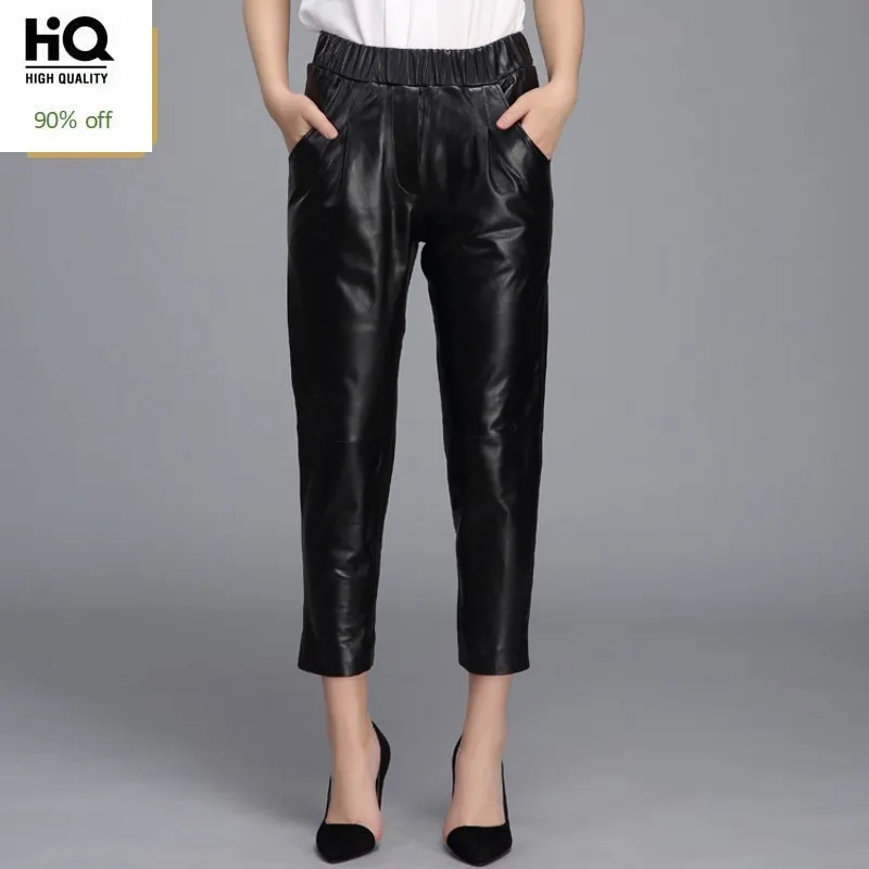 

High Quality 2020 New Straight Female Trousers Genuine Leather Casual Streetwear Pencil Pants Woman Mid Waist Ankle Length Pant