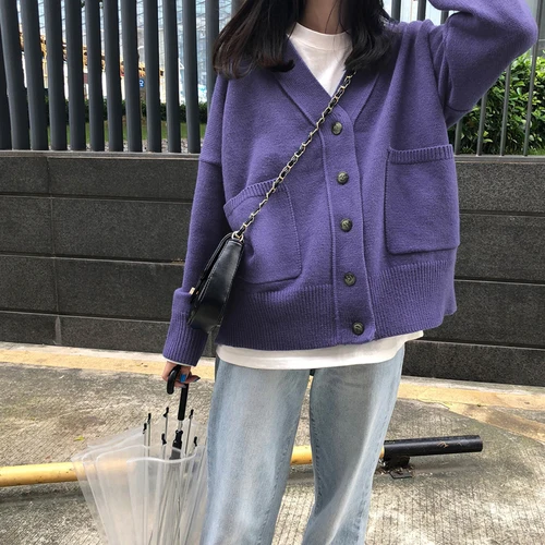purple cardigan Woherb V шеи кардиган пальто сплошной цвет длинный рукав карман свитер женский винтажный Повседневный трикотаж Топ корейский уличная 90815 - Цвет: purple cardigan