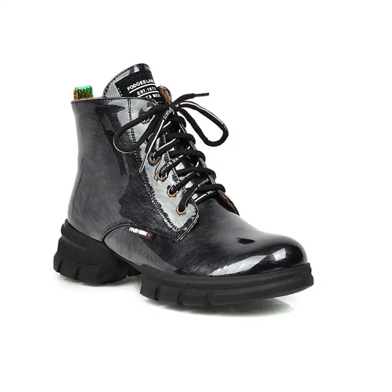 SIMLOVEYO Ankle boots for women platform low heels lace up Patent leather mixed color Booties mujer Size 43 Autumn shoes zipper - Цвет: Silver
