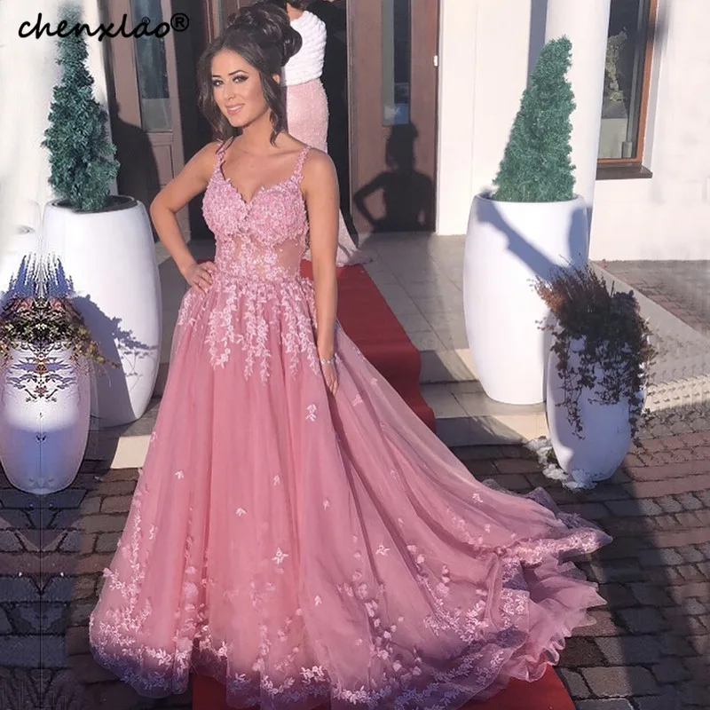

New Pink Perspective Backless Evening Dresses Appliques Beading Sequined Photography Evening Gowns 2019