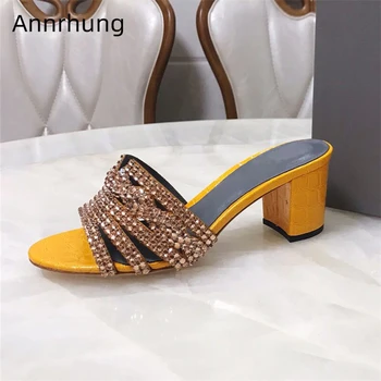 

Luxury Rhinestone Runway Shoes Woman Med Hoof Heel Sexy Open Toe Fretwotk Genuine Leather Stone Grain Slippers Women