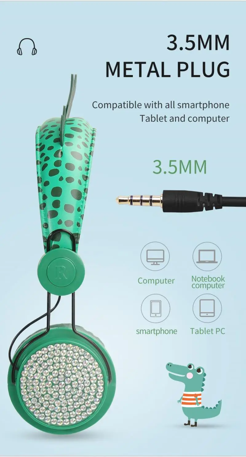 Cute dinosaur 3 5mm wired headphones with microphone suitable for learning games mobile phone headphones