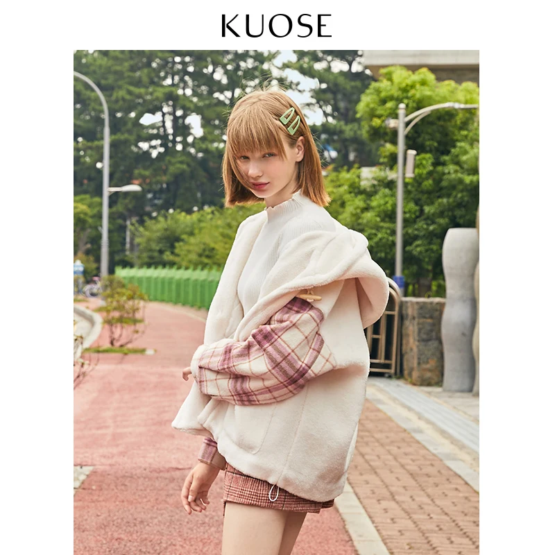 

KUOSE Women Lamb Wool Hoodies Coat Lattice Mix Loose Korean Sweet Style Chic Warm Jacket with Horn Buckle