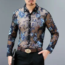 Chemise Hommesexy прозрачная Мужская рубашка из сетчатой ткани 4xl, роскошные Прозрачные рубашки для мужчин, вечерние рубашки с длинными рукавами и вышивкой