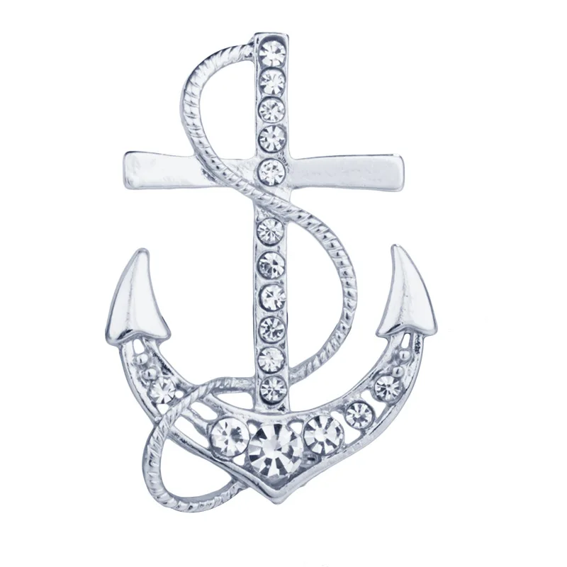 European Fashion Gold Color Crystal Anchor Brooch Fashion Boat Rudder Collar Pins Jewelry Shirt Collar Suit Pin Brooch Man Gifts