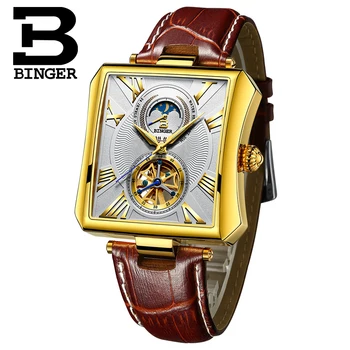 

Genuine Luxury BINGER Brand Men Automatic Mechanical Self-wind Sapphire Watches Tourbillon Waterproof Leather Strap Square Watch