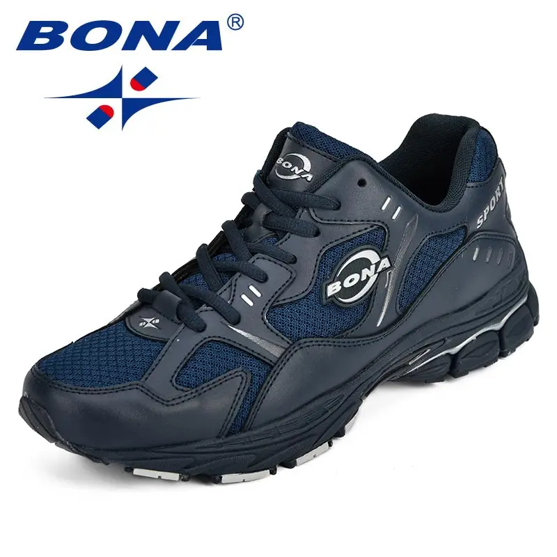 BONA Brand Sneakers Mesh Breathable Men Running Shoes Classical Fashion Outdoor Sport Shoes Male Low Tops Jogging Shoes - Цвет: DEEP BLUE SLIVERGREY