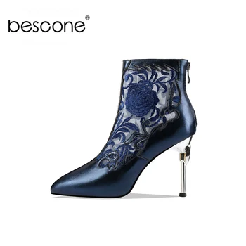

BESCONE Sexy Pointed Toe Boots High Quality Genuine Leather Thin Heel Chinese Style Embroidered Shoes Women's Ankle Boots BO315