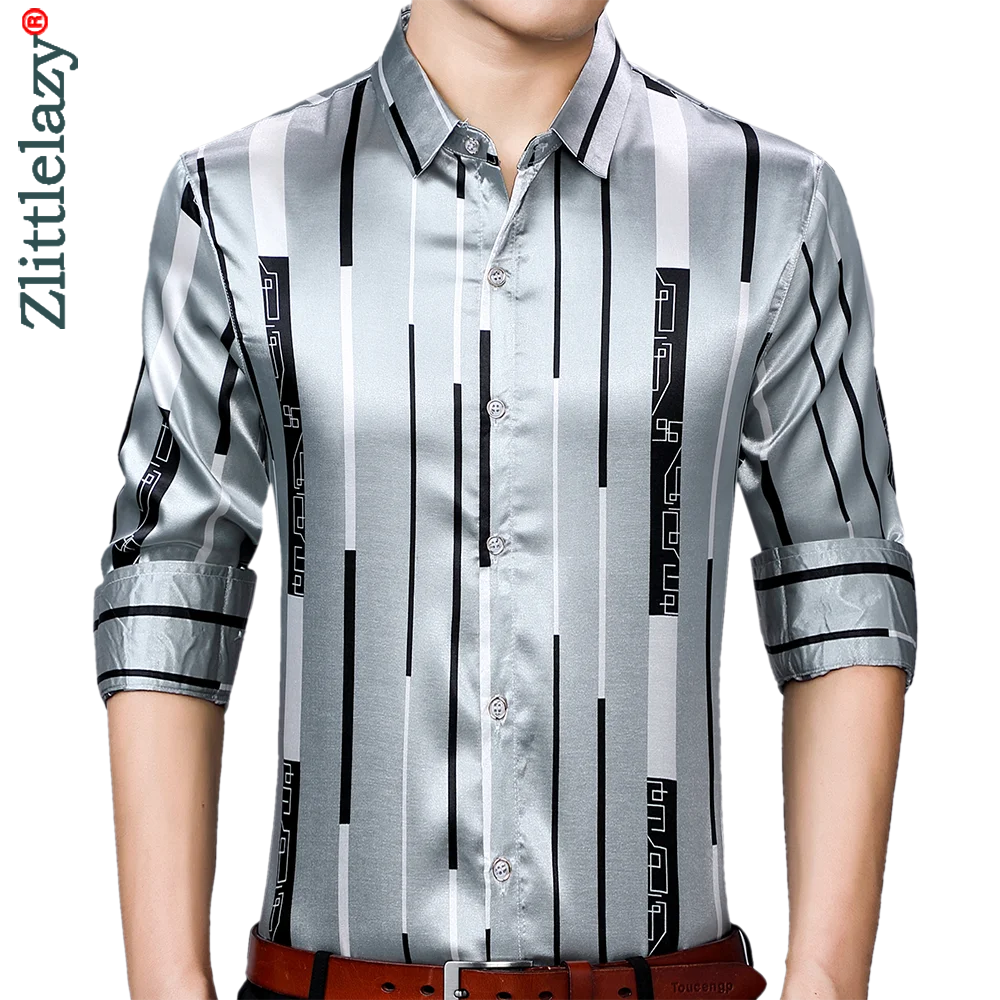 Social Shirt Dress Long-Sleeve Fashions Regular Fit Streetwear Striped Casual Mens Slim
