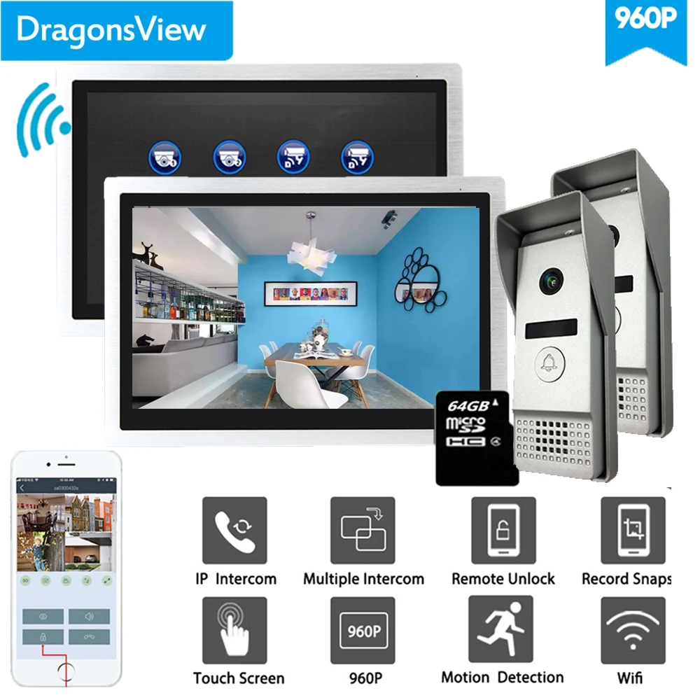 Dragonsview Smart Wifi Video Intercom Multiple System 2 Monitors 2 Doorbell With Cameras Wide Angle Record 960P AHD