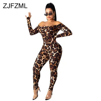 

Off The Shoulder Leopard Skinny Overall for Women Backless Party Bandage Jumpsuit Autumn Long Sleeve Bodycon One Piece Rompers
