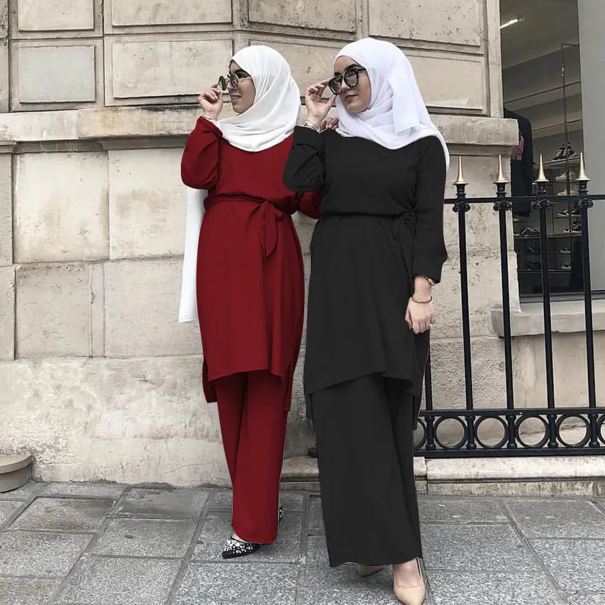 2020 New Fashion Simple Fresh Muslim Lace Suit Turkish Marocain Abayas For Women Hijab Clothes Islamic Long Shirt Pants Set Islamic Clothing Aliexpress