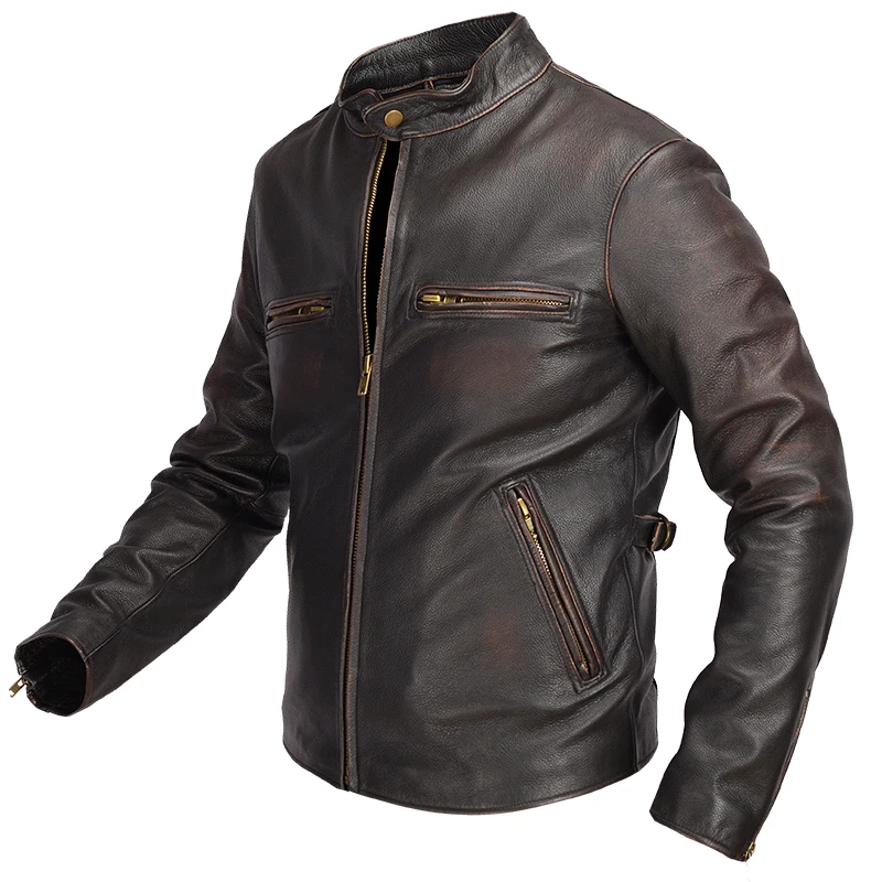 Винтажная коричневая Мужская облегающая Байкерская кожаная куртка большого размера 6XL из натуральной воловьей кожи американская мотоциклетная куртка