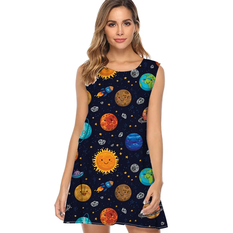 

Background with planets 2019 Dress Women Harajuku fashion Print Summer Dress A line Sleeveless Ladies Casual mini Chiffon Dress
