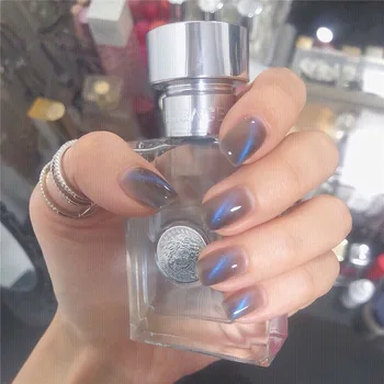 

24Pc/box Blue Cat Eye Fake press on Nail Short Square acrylic nail tips Phototherapy Full Cover fake nail with 2g glue for girls