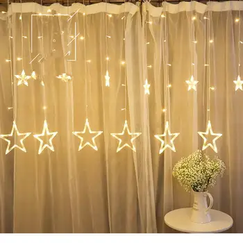 

138LEDs Curtain String Light Fairy Icicle 6 Large 6 Small Stars Christmas Wedding Party Window Decoration Light American Plug