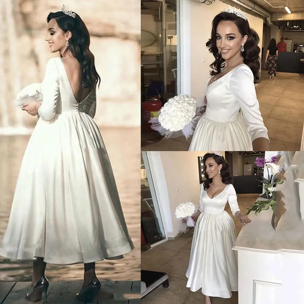 

V Neck Short Wedding Dress 3/4 Long Sleeve White Satin A-line Tea Length Bride Gowns Backless Beach Wedding Gown Vestidos De