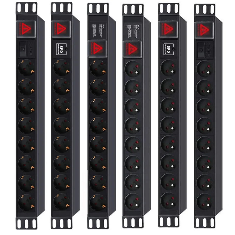 Industrial PDU Cabinet Power 2M Extension Socket 8Bit Germany/French Outlets Plug Anti-thunder Overload Protection 19in