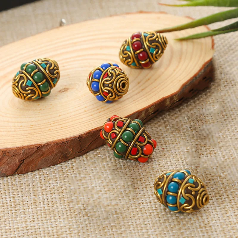 

Nepalese Buddhist Handmade Oval 23x17mm Tibetan Brass Metal & Clay Loose Craft Beads for Jewelry Making DIY Necklace