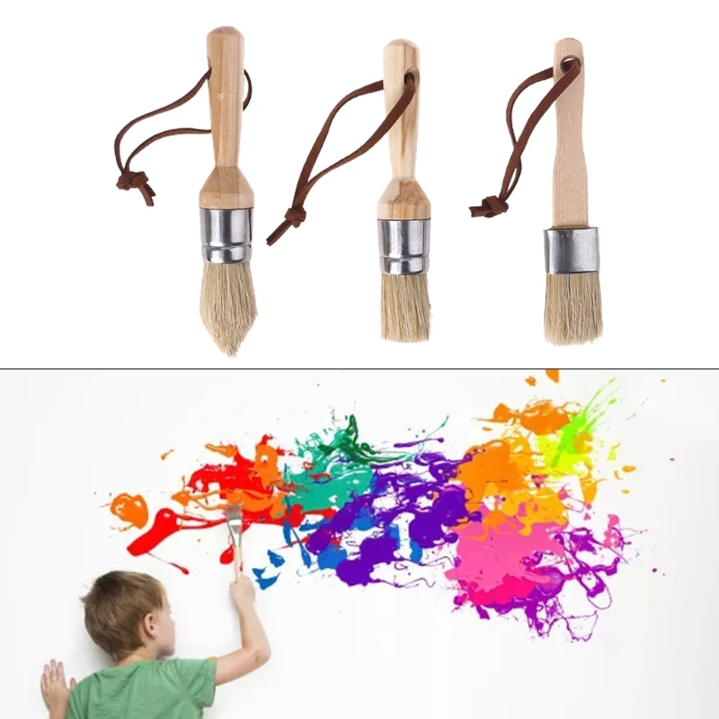 3 Pcs Round and Flat and Pointed Chalk Paint Wax Brush Ergonomic Wood Handle Natural Bristle Brushes Furniture DIY Paint roller brushes