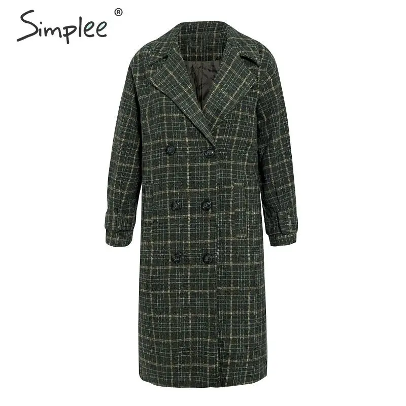 Simplee винтажное клетчатое твидовое пальто для женщин с пуговицами и карманами, женские теплые пальто, свободные осенне-зимние офисные женские длинные пальто