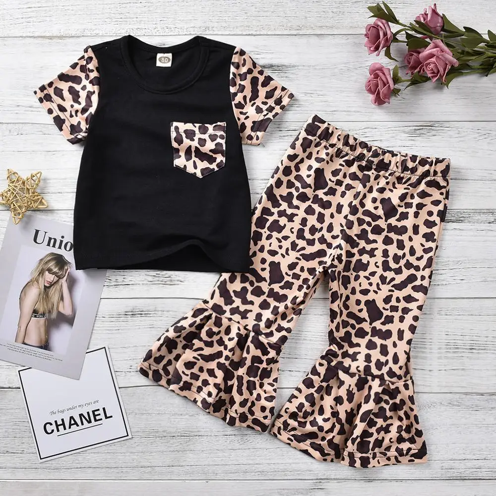 Летняя леопардовая футболка для маленьких девочек от 6 месяцев до 5 лет+ штаны Детский комплект из 2 предметов