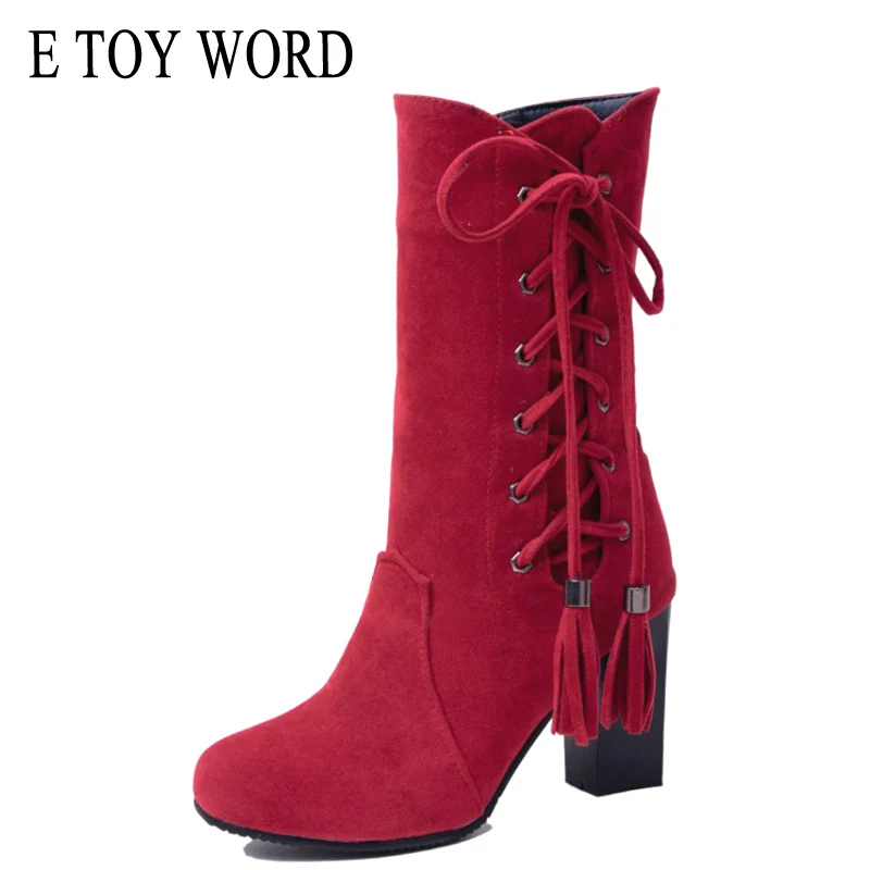 

E TOY WORD Mid-Calf boots Lace-Up Thick Heel Scrub Leather Boots big size 40-43 women shoes high-heel Women autumn tassel boots