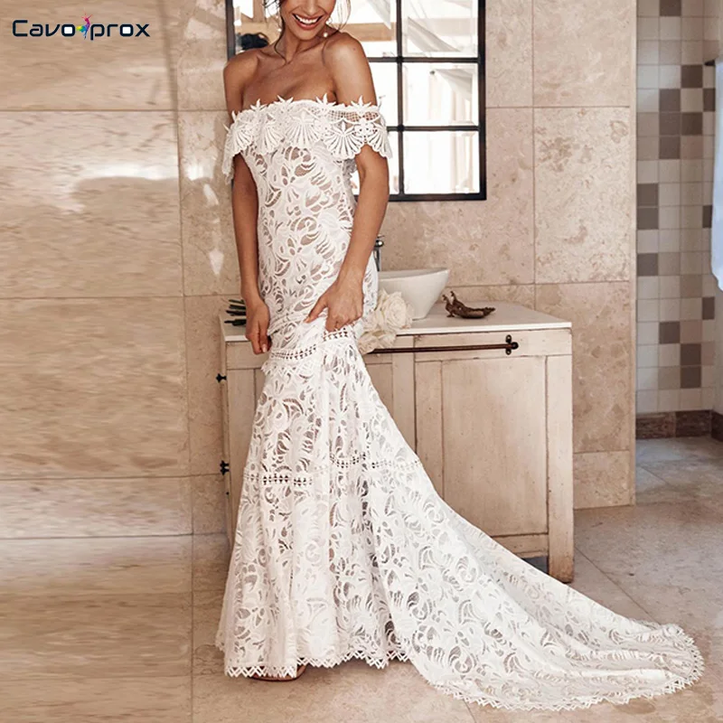 Женское кружевное элегантное платье макси невесты Vestido Slim Fit Белое Облегающее в