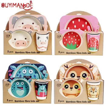 

5pcs Creative Cartoon Bowl Partition Plate Spoon Fork Cup Tableware Set Environmental Protection Bamboo Fiber Children Tableware