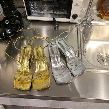 

Women Sandals Narrow Band Slippers Lace Up Sandals Mid Thin Heels Open Clip Toe Gold Sandals Dress Shoes Hollow Party Sandals