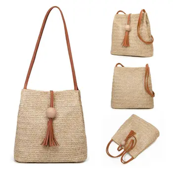 

Women Straw Rattan Bag Woven Handbags Shoulder Knitted Purse Beach Storage Bag