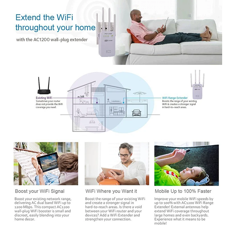 5 шт. беспроводной AC 1200 Мбит/с удлинитель 2,4 г/5 г WiFi повторитель с высоким коэффициентом усиления антенный мост усилитель сигнала два порта Ethernet RJ45