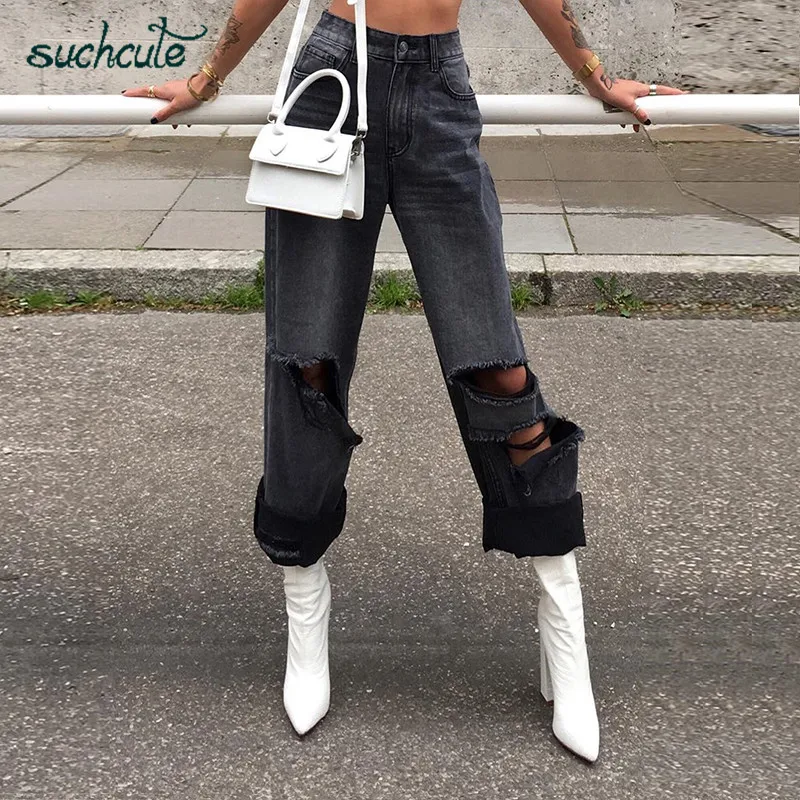 SUCHCUTE Hole Jeans Women Wide Leg Denim Pants Plus Size Punk Korean Style Trouser Casual Korean Style Harajuku Female Joggers