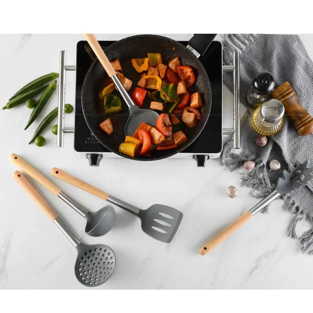 6Pcs Non-stick Kitchen Tools Silicone Wood Handle Kitchen Cooking Tool Kitchen Utensil Set Cooking Spoon Shovel Set