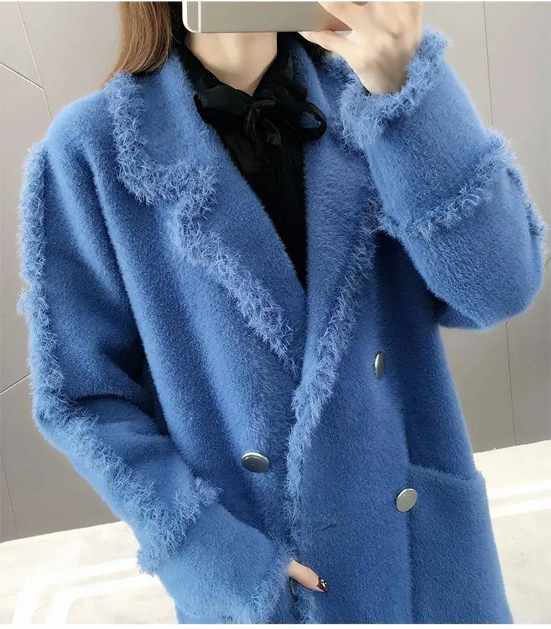 spring and autumn imitation water velvet thick woolen coat female long section new loose over the knee coat