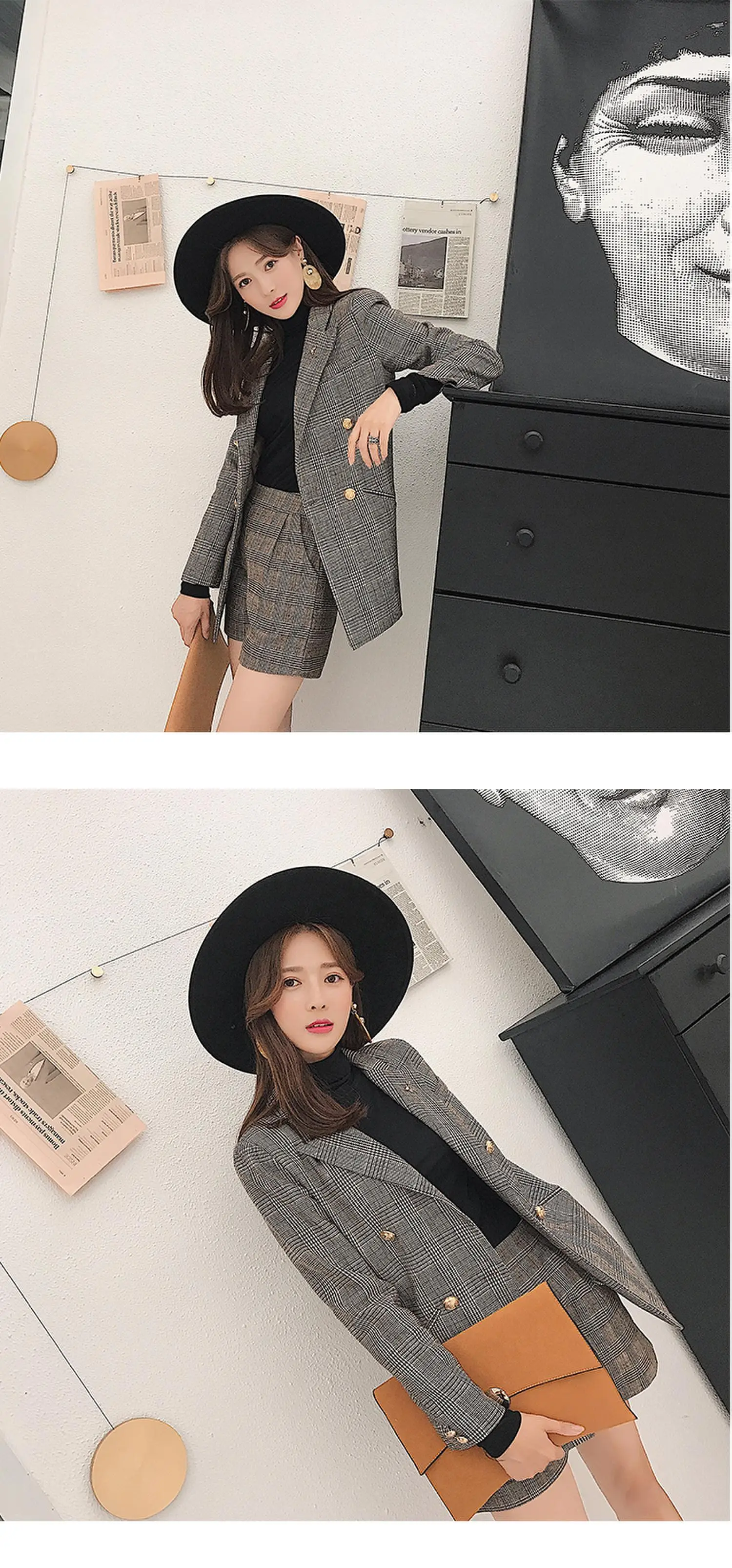 New Women's Suit Pants Set Vintage Plaid Blazer jacket and Casual Shorts Pants Two-Piece Set Office lady Overalls Shorts Suits