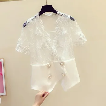 

French Ins Crocheted Hollow Lace Stitching Double-breasted V-neck Shirt Female 2020 Summer New Style Temperament Lace Blouse Top