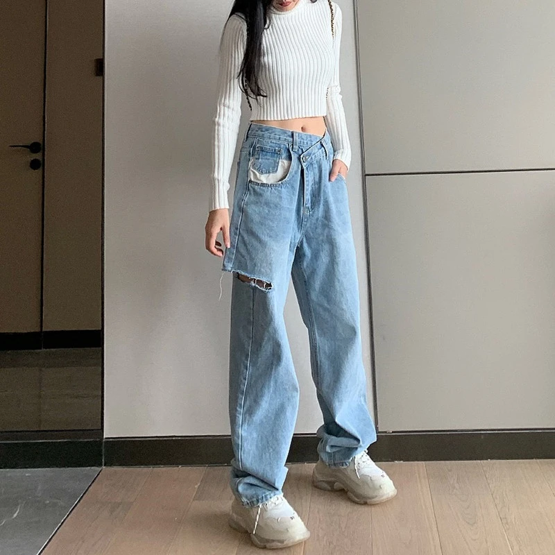 Karrram Vintage Asymmetrical Waist Hole Straight Jeans Womens Loose Denim Pants 2021 Casual Wide Leg Pants Streetwear Mom Jeans