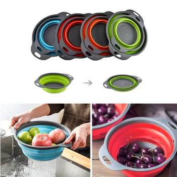 

Collapsible Silicone Colander Foldable Drain Strainer Fruit Vegetable Washing Basket Strainer with Handle Kitchen Storage Tools
